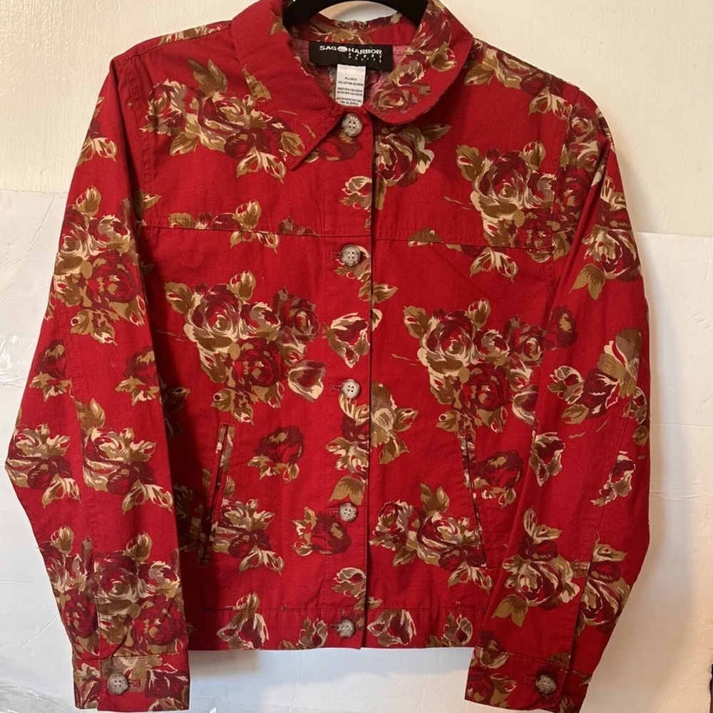 SAG HARBOR‎ SPORT PETITE WOMENS FLORAL JACKET Red And Gold  PETITE SZ PS Chico